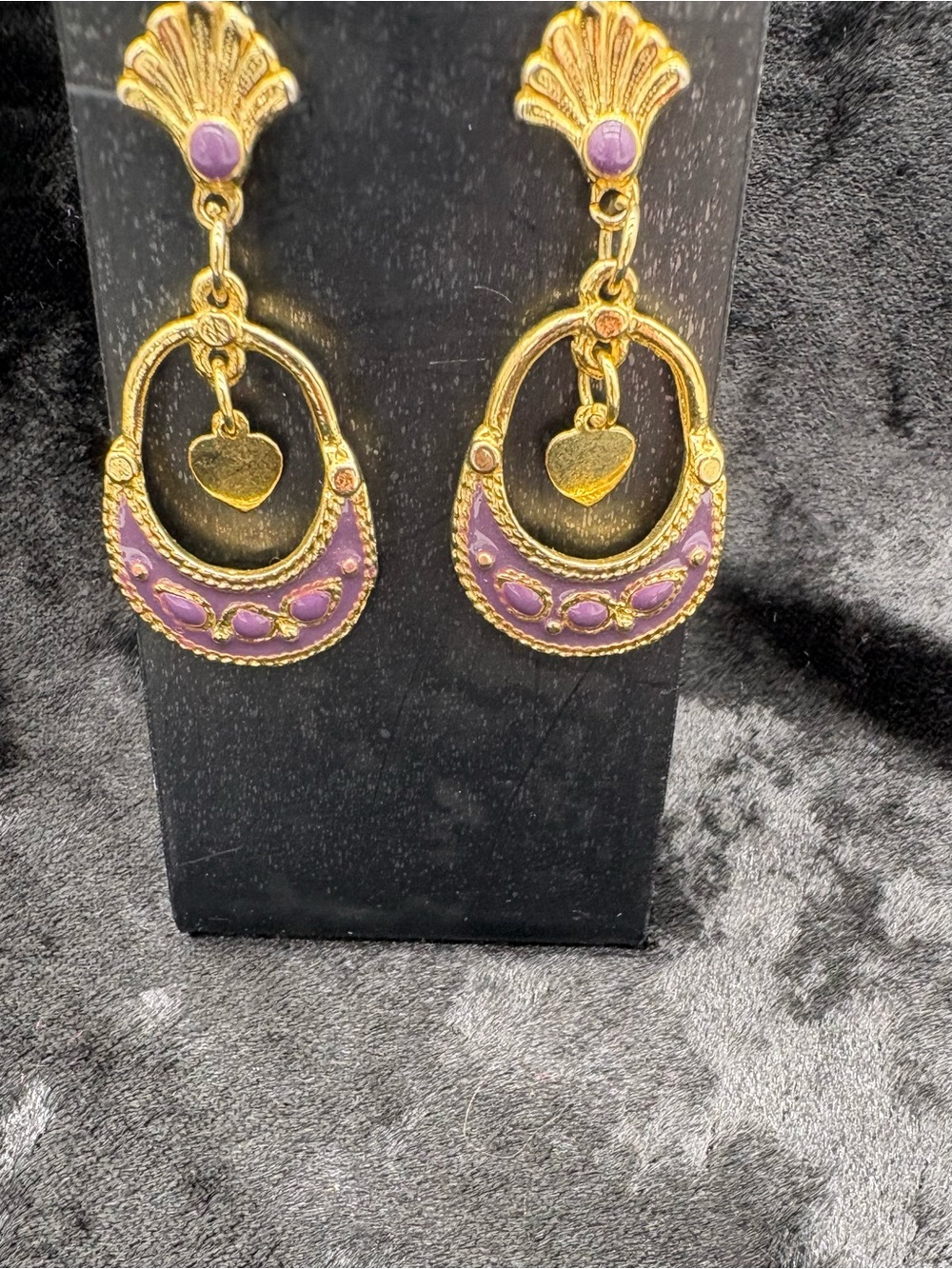 Gold-Tone Purple Enamel Heart Drop Earrings